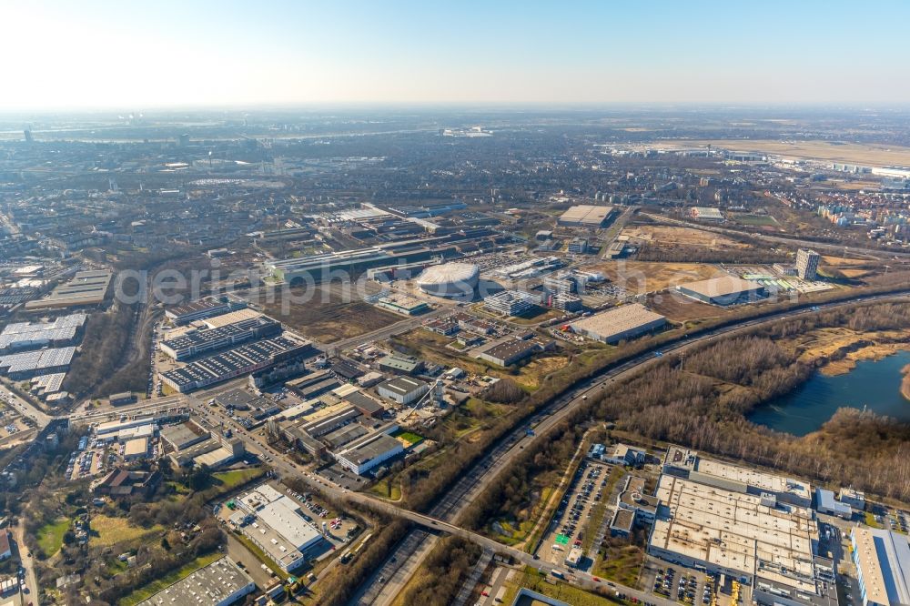 Aerial image Düsseldorf - Industrial and commercial area along the Theodorstrasse in Duesseldorf in the state North Rhine-Westphalia, Germany