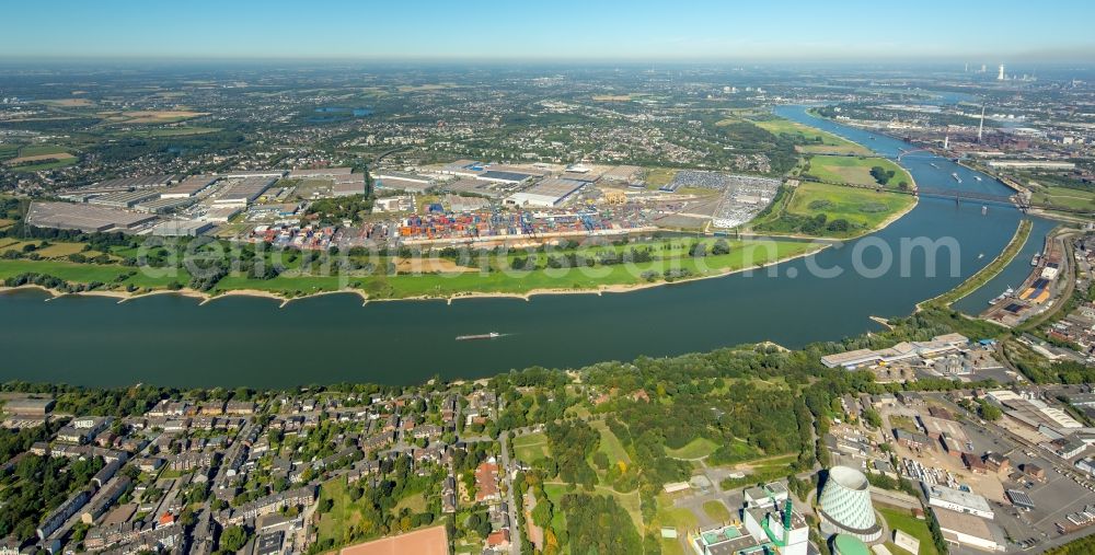 Duisburg from the bird's eye view: Industrial and commercial area at the rhein river in Duisburg in the state North Rhine-Westphalia