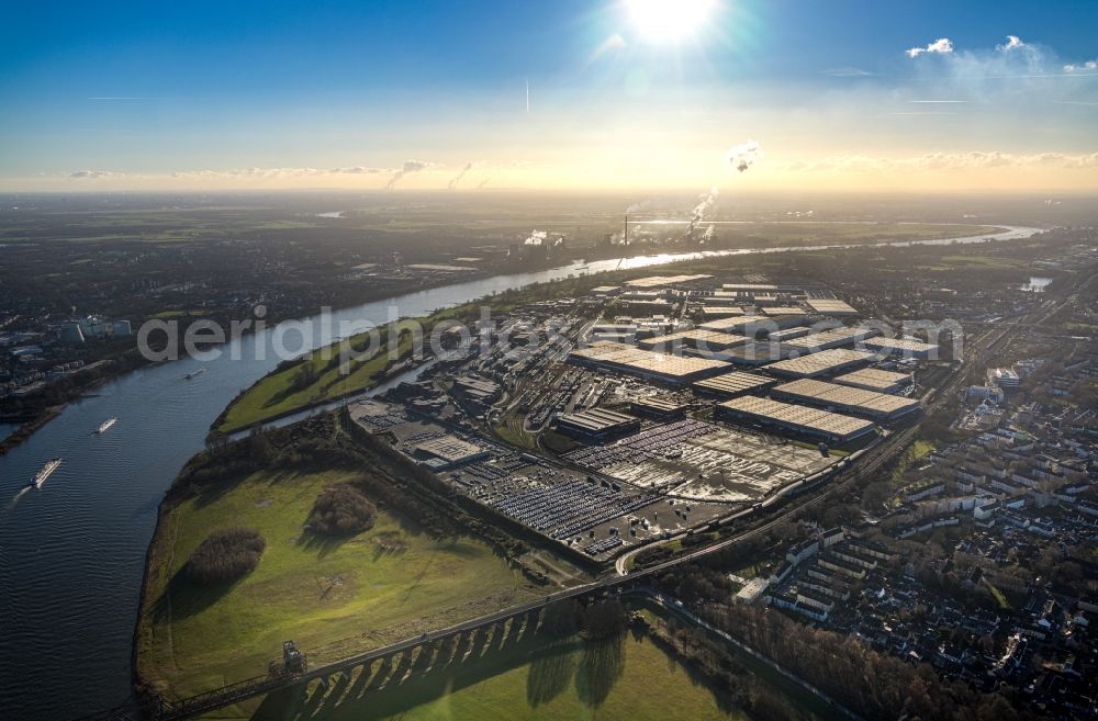 Duisburg from the bird's eye view: Industrial and commercial area at the Europaallee in the district Friemersheim in Duisburg at Ruhrgebiet in the state North Rhine-Westphalia