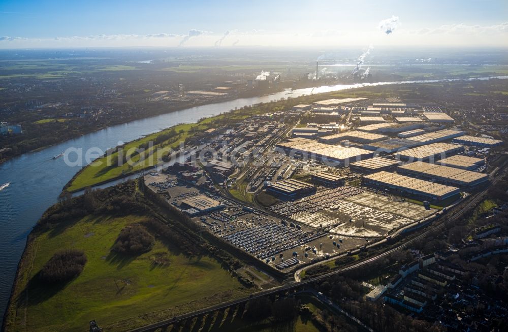 Aerial image Duisburg - Industrial and commercial area at the Europaallee in the district Friemersheim in Duisburg at Ruhrgebiet in the state North Rhine-Westphalia