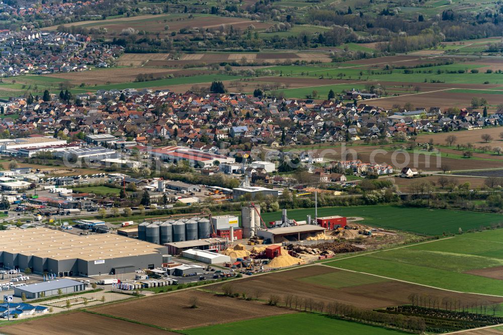 Ettenheim from the bird's eye view: Industrial and commercial area Dyn A5 and Orschweier in Ettenheim in the state Baden-Wurttemberg, Germany