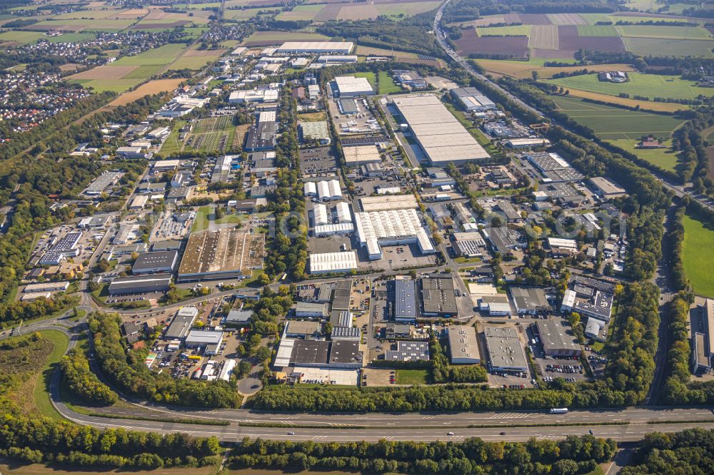 Unna from above - industrial and commercial area on Einsteinstrasse - Alfred-Nobel-Strasse in the district Industriepark Unna in Unna at Ruhrgebiet in the state North Rhine-Westphalia, Germany