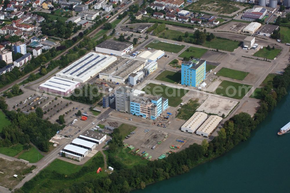 Grenzach-Wyhlen from the bird's eye view: Industrial and commercial area of the company BASF in Grenzach-Wyhlen in the state Baden-Wuerttemberg, Germany