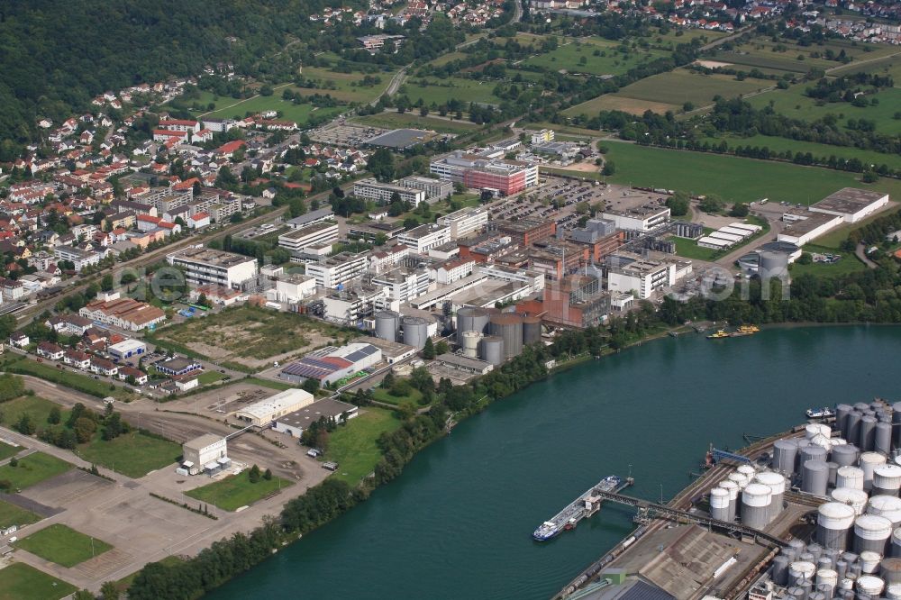 Grenzach-Wyhlen from above - Industrial and commercial area of the companies Roche and DSM Nutritional Products in Grenzach-Wyhlen in the state Baden-Wuerttemberg, Germany