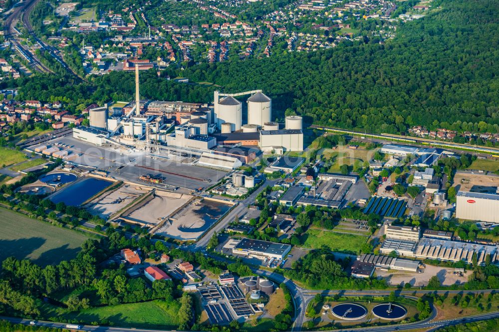 Uelzen from above - Industrial and commercial area on Fluss of Ilmenau on street Bremer Strasse in Uelzen in the state Lower Saxony, Germany