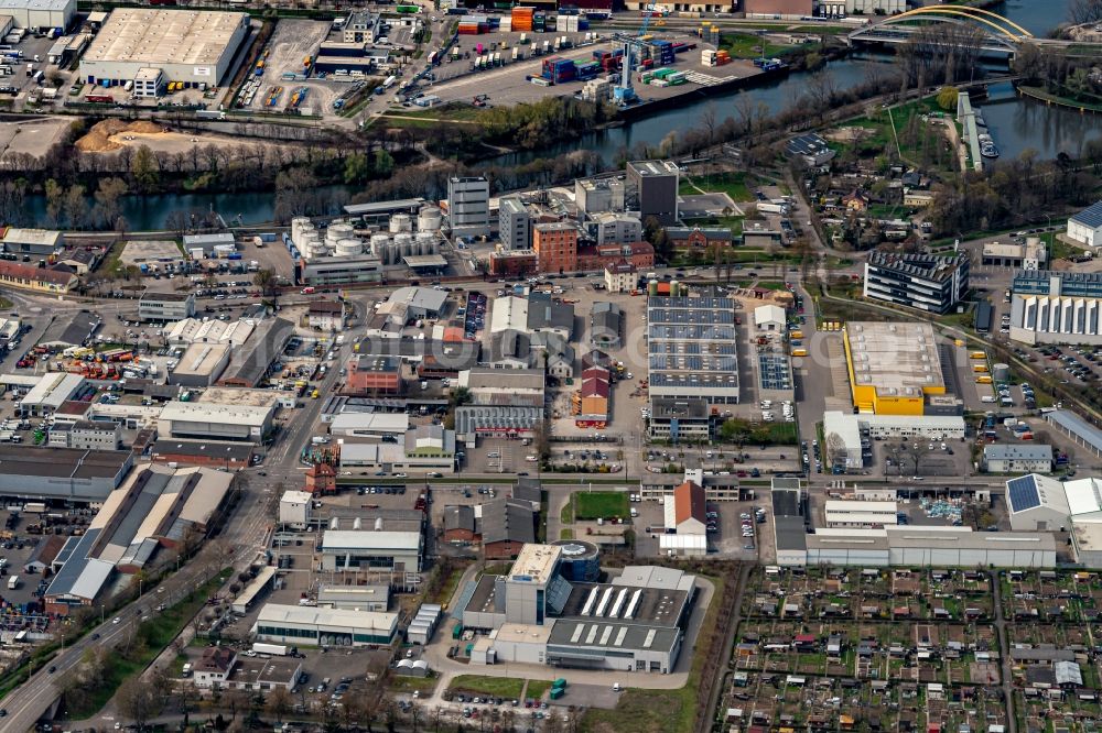 Heilbronn from above - Industrial and commercial area on Fluss Neckar in Heilbronn in the state Baden-Wuerttemberg, Germany