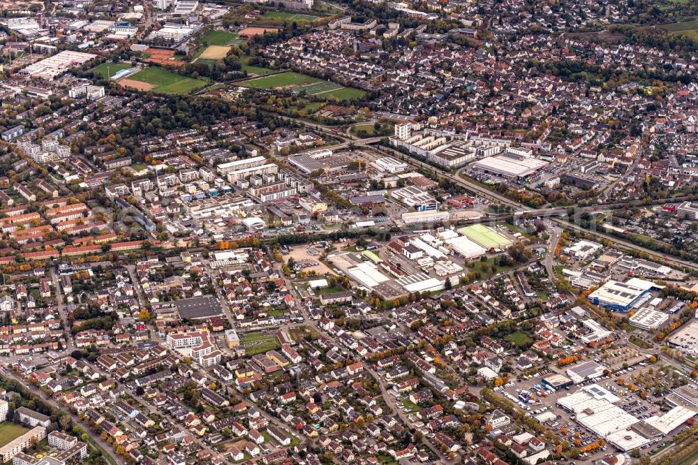 Freiburg im Breisgau from the bird's eye view: Industrial and commercial area south in Freiburg im Breisgau in the state Baden-Wuerttemberg, Germany