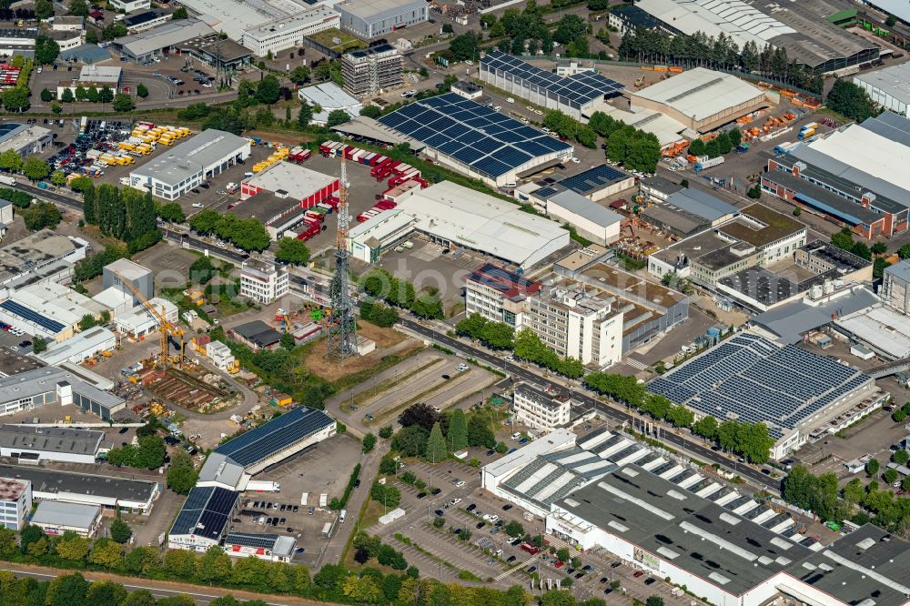 Freiburg im Breisgau from the bird's eye view: Industrial and commercial area Freiburg Nord Hans Bunte Strasse in Freiburg im Breisgau in the state Baden-Wuerttemberg, Germany