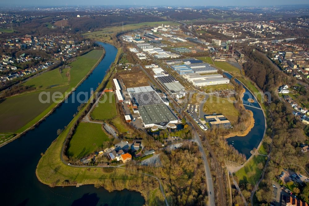 Hattingen from above - Industrial and commercial area Gewerbe- und Landschaftspark Heinrichshuette on the riverbank of the Ruhr in Hattingen in the state of North Rhine-Westphalia