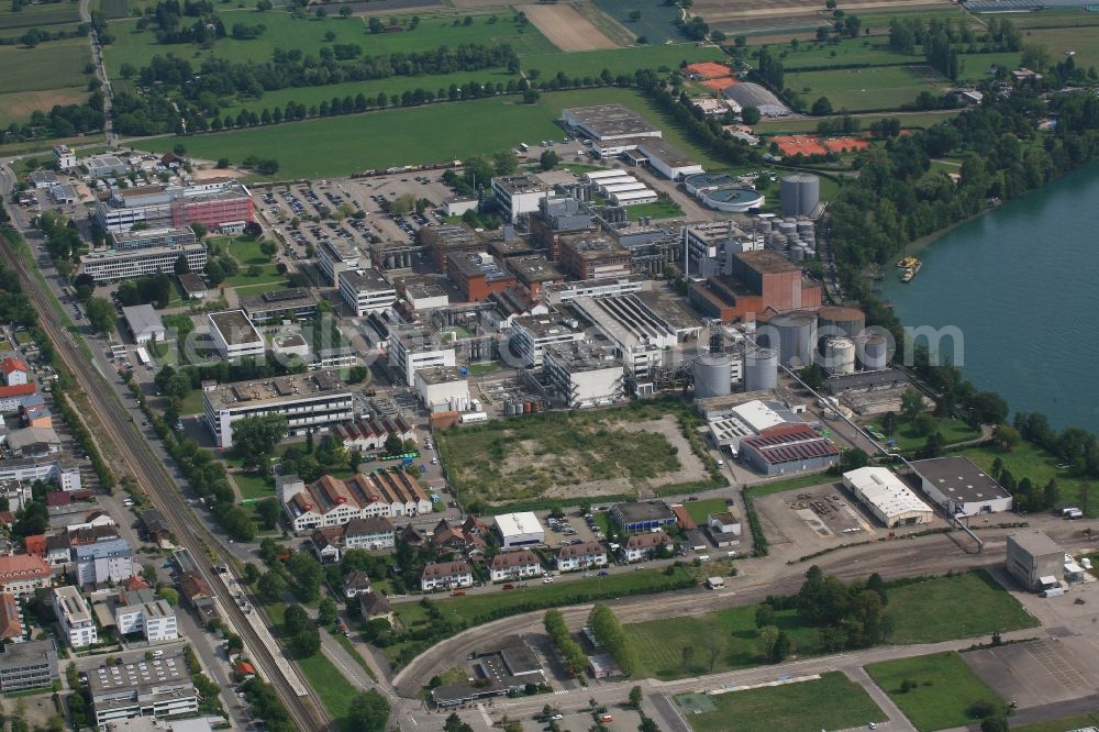 Aerial image Grenzach-Wyhlen - Industrial and commercial area of the companies Roche, BASF and DSM Nutritional Products in Grenzach-Wyhlen in the state Baden-Wuerttemberg, Germany