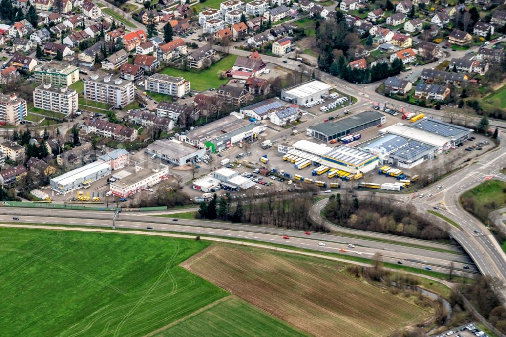 Aerial photograph Gundelfingen - Industrial and commercial area on Bundesstrasse 3 in Gundelfingen in the state Baden-Wurttemberg, Germany