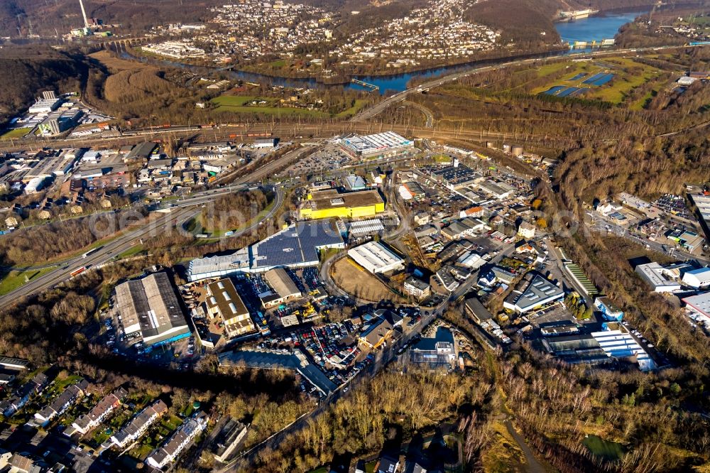 Hagen from above - Industrial and commercial area along the BAB A1 in Hagen in the state North Rhine-Westphalia, Germany