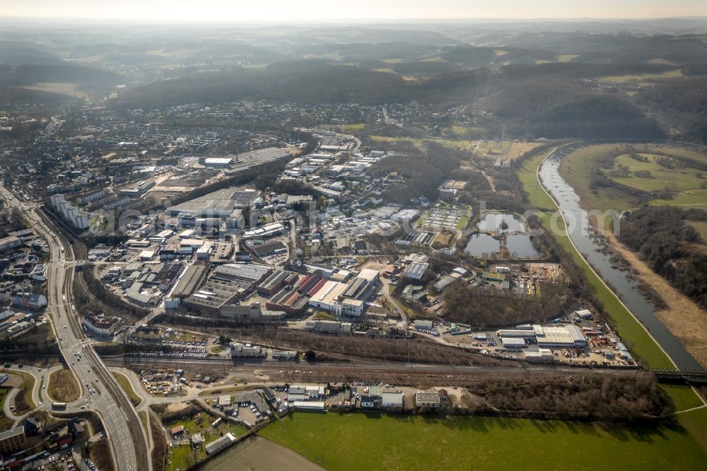 Hattingen from the bird's eye view: Industrial and commercial area along the Kreisstrasse - Eickener Strasse in Hattingen in the state North Rhine-Westphalia, Germany