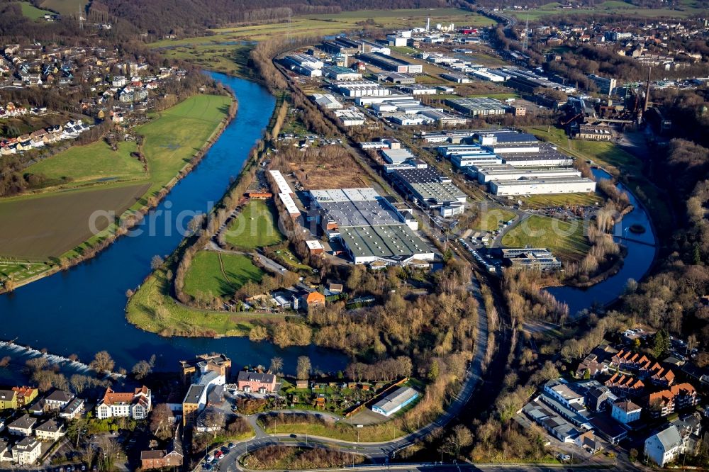 Aerial photograph Hattingen - Industrial and commercial area along the Ruhrallee - Ruhrdeich in Hattingen in the state North Rhine-Westphalia, Germany