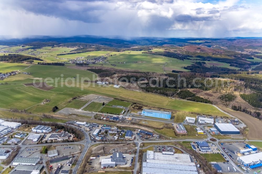 Erndtebrück from the bird's eye view: Industrial and commercial area Hauptstrasse - Jaegersgrund in the district Leimstruth in Erndtebrueck on Siegerland in the state North Rhine-Westphalia, Germany