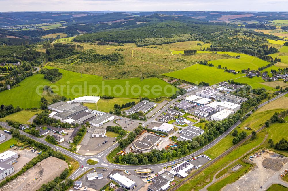 Aerial image Erndtebrück - Industrial and commercial area Hauptstrasse - Jaegersgrund in the district Leimstruth in Erndtebrueck on Siegerland in the state North Rhine-Westphalia, Germany