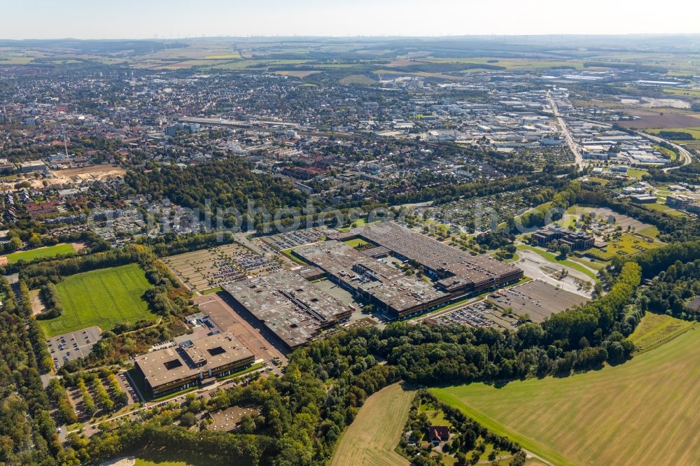 Paderborn from the bird's eye view: Industrial and commercial area on Heinz-Nixdorf-Ring - Almepark in Paderborn in the state North Rhine-Westphalia, Germany