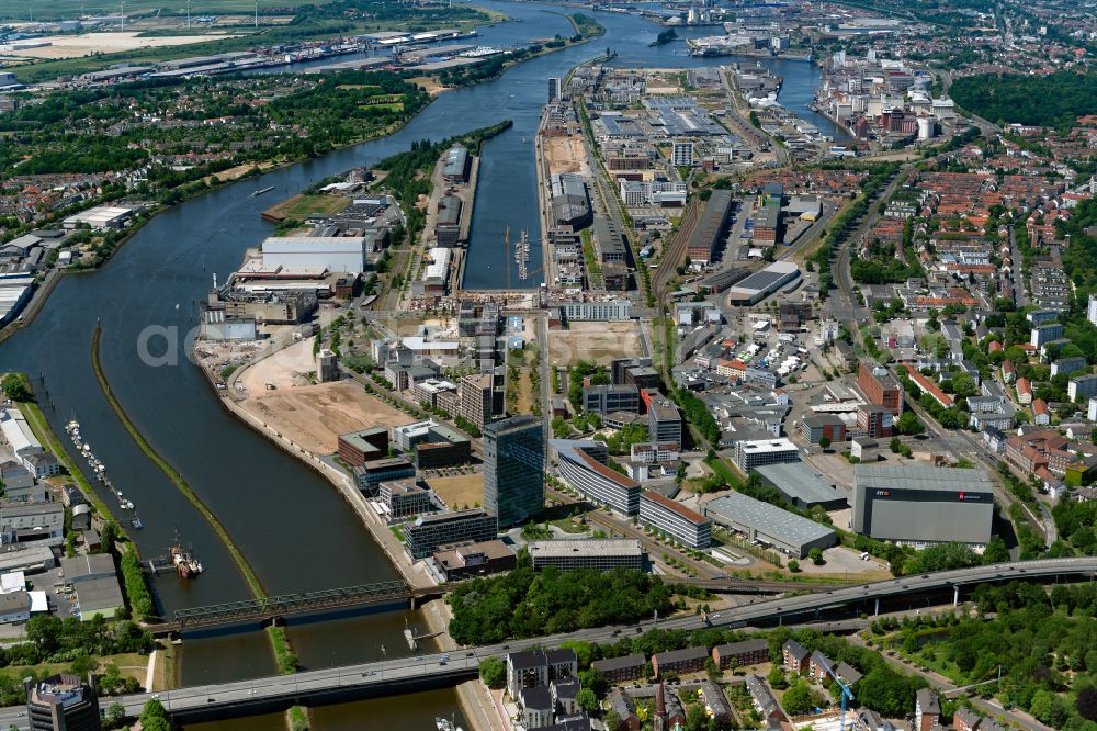 Bremen from above - Industrial and commercial area on shore of Weser in the district Hohentorshafen in Bremen, Germany