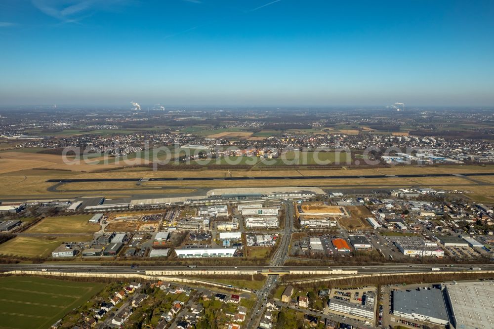 Aerial image Holzwickede - Industrial and commercial area along the Nordstrasse - Chaussee on Flughafen Dortmund in Holzwickede in the state North Rhine-Westphalia, Germany