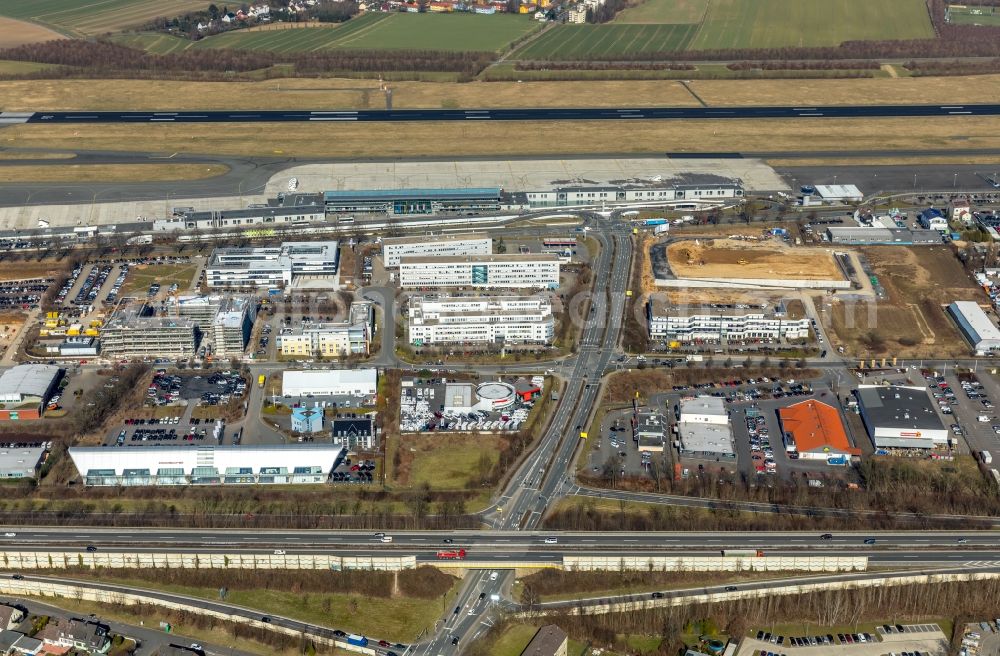 Holzwickede from above - Industrial and commercial area along the Nordstrasse - Chaussee on Flughafen Dortmund in Holzwickede in the state North Rhine-Westphalia, Germany