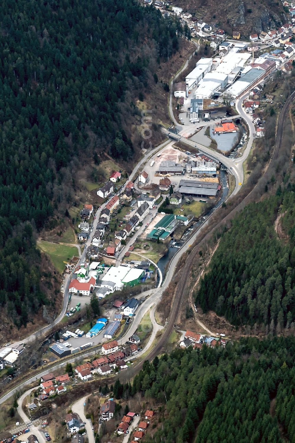 Hornberg from above - Industrial and commercial area Duravit in Hornberg in the state Baden-Wuerttemberg, Germany