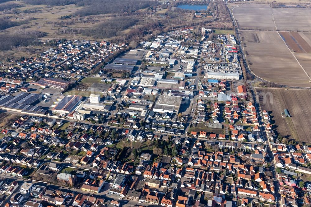 Maxdorf from the bird's eye view: Industrial and commercial area Industriestr. / Im Horst in Maxdorf in the state Rhineland-Palatinate, Germany