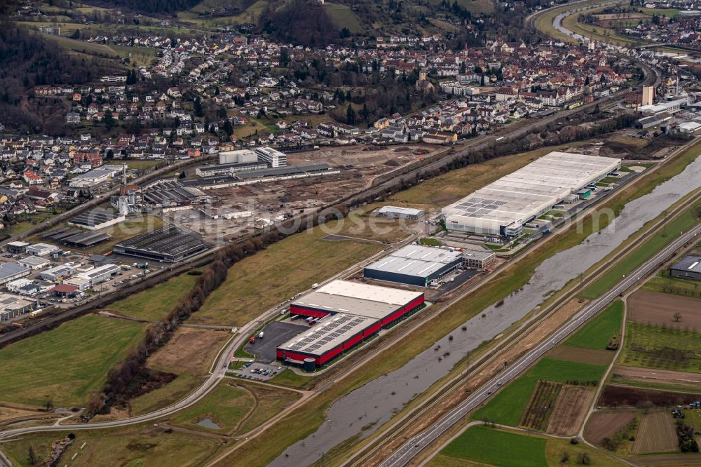 Gengenbach from above - Industrial and commercial area Kinzigpark in Gengenbach in the state Baden-Wuerttemberg, Germany