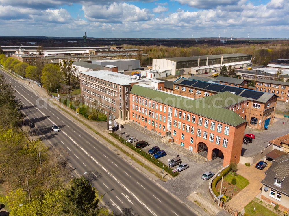 Eberswalde from the bird's eye view: Industrial and commercial area Kocks Ardelt Kranbau Eberswalde GmbH in Eberswalde in the state Brandenburg, Germany