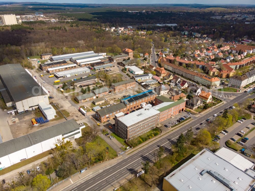 Eberswalde from the bird's eye view: Industrial and commercial area Kocks Ardelt Kranbau Eberswalde GmbH in Eberswalde in the state Brandenburg, Germany