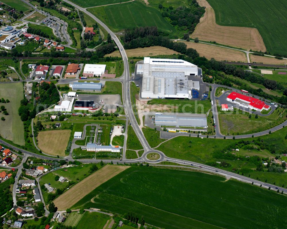 Heilbad Heiligenstadt from above - Industrial and commercial area on Kreisverkehr along the L3080 on street Gaussring in Heilbad Heiligenstadt in the state Thuringia, Germany