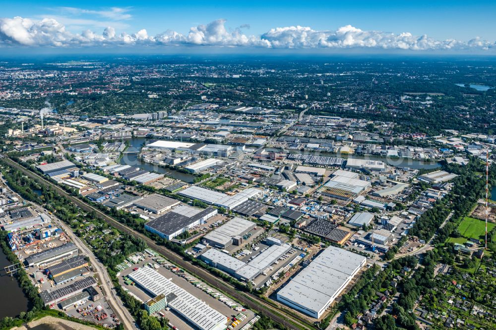 Aerial photograph Hamburg - Industrial and commercial area Liebigstrasse - Moorfleeter Strasse - Ring 2 - Werner-Siemens-Strasse in the district Billbrook in Hamburg, Germany