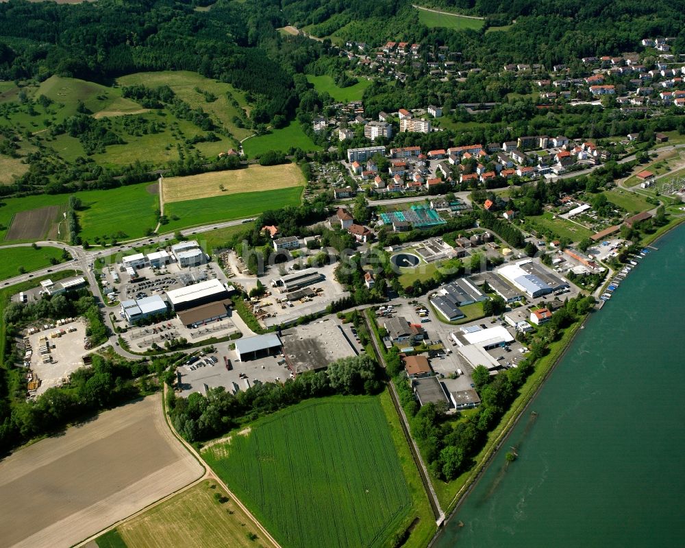 Aerial image Waldshut-Tiengen - Industrial and commercial area Liedermatten at the Rhine river in Waldshut-Tiengen in the state Baden-Wurttemberg, Germany