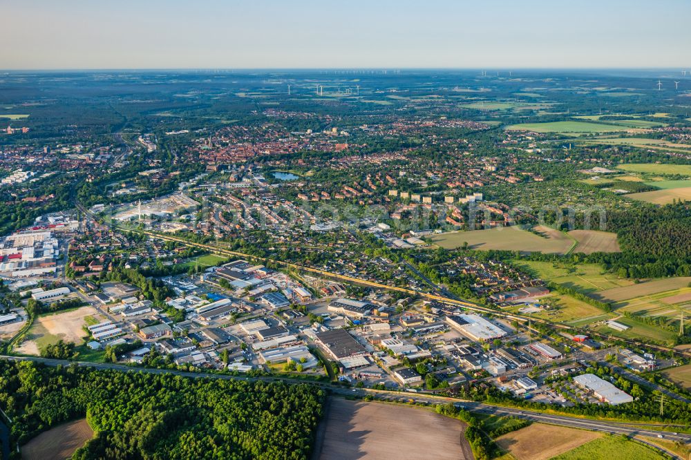 Aerial image Lüneburg - Industrial and commercial area Goseburg Zeltberg in Lueneburg in the state Lower Saxony, Germany