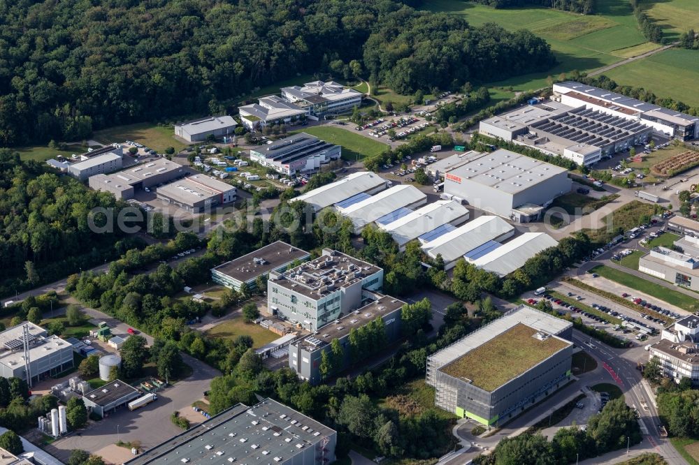 Reutlingen from above - Industrial and commercial area withAkzo Nobel Powder Coatings GmbH, R.E.T. GmbH and Moebel Rieger Lager Reutlingen in Reutlingen in the state Baden-Wuerttemberg, Germany