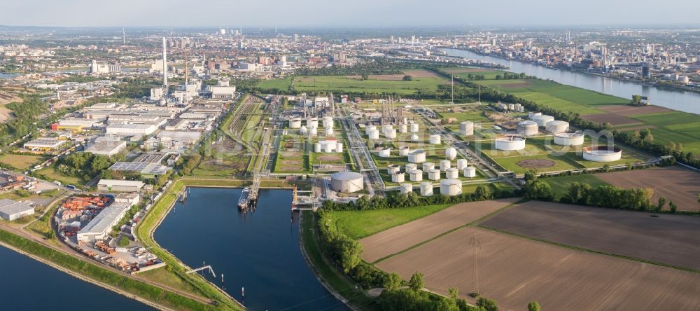 Mannheim from above - Industrial and commercial area with MTG Bayer GmbH in the district Industriehafen in Mannheim in the state Baden-Wuerttemberg, Germany