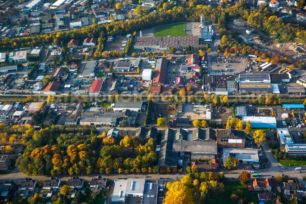 Gladbeck from the bird's eye view: Industrial and commercial area North of railway tracks and the autumnal Moellerstrasse in Gladbeck in the state of North Rhine-Westphalia