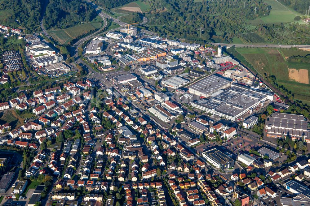 Aerial photograph Winnenden - Industrial and commercial area with OBI and Hecht Kugellager on street Max-Eyth-Strasse in Winnenden in the state Baden-Wuerttemberg, Germany