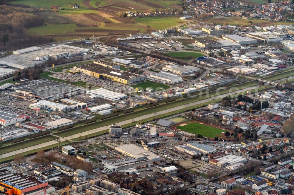 Offenburg from the bird's eye view: Industrial and commercial area in Offenburg in the state Baden-Wurttemberg, Germany