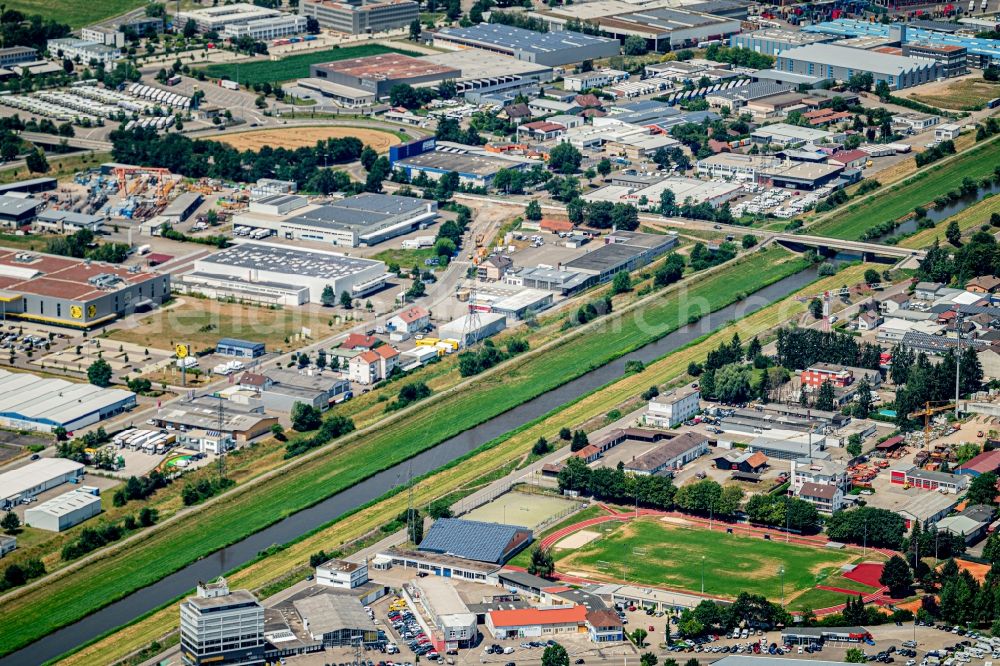 Offenburg from the bird's eye view: Industrial and commercial area in Offenburg in the state Baden-Wurttemberg, Germany