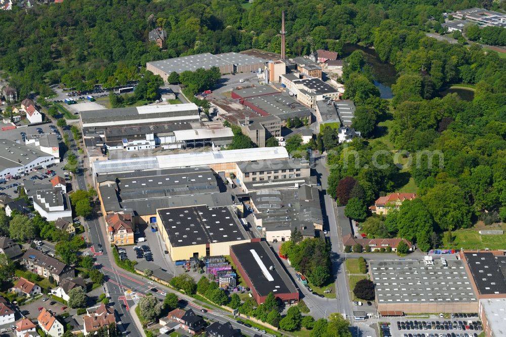 Bielefeld from the bird's eye view: Industrial and commercial area between of Strasse Kupferhammer and of Brockhagener Strasse in the district Brackwede in Bielefeld in the state North Rhine-Westphalia, Germany