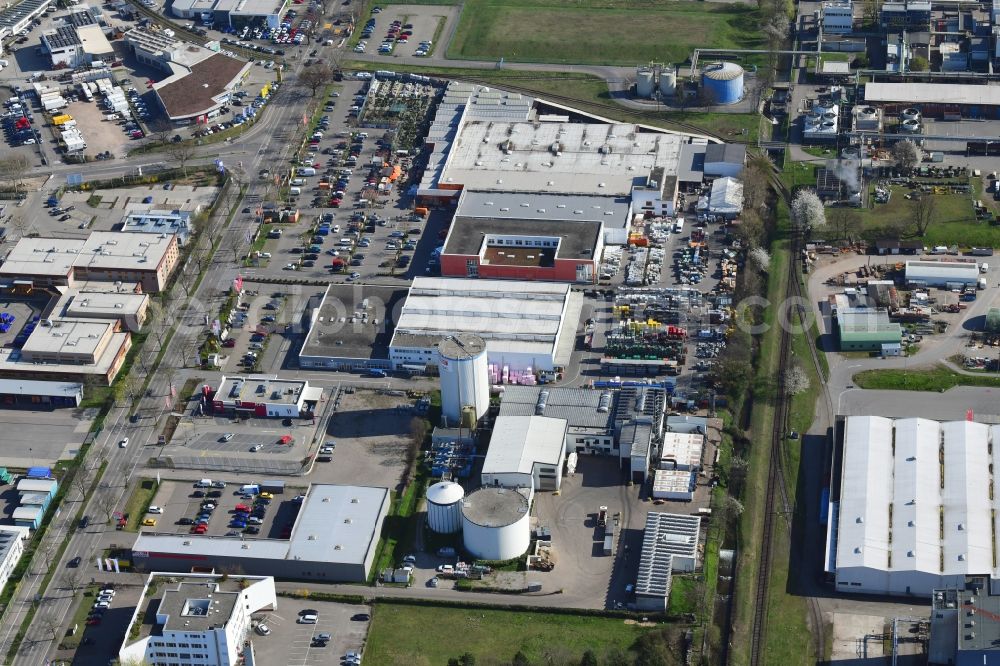 Freiburg im Breisgau from the bird's eye view: Industrial and commercial area at the Tullastrasse in the district Bruehl in Freiburg im Breisgau in the state Baden-Wurttemberg, Germany