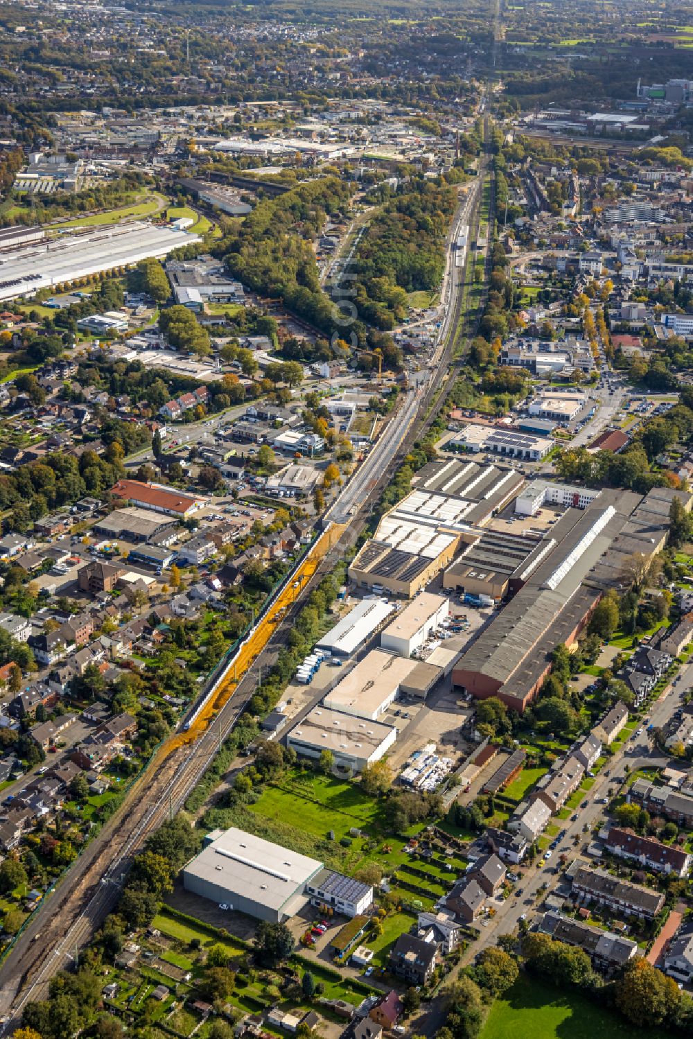 Dinslaken from above - Industrial and commercial area Am Alten Drahtwerk in the district Eppinghoven in Dinslaken in the state North Rhine-Westphalia, Germany