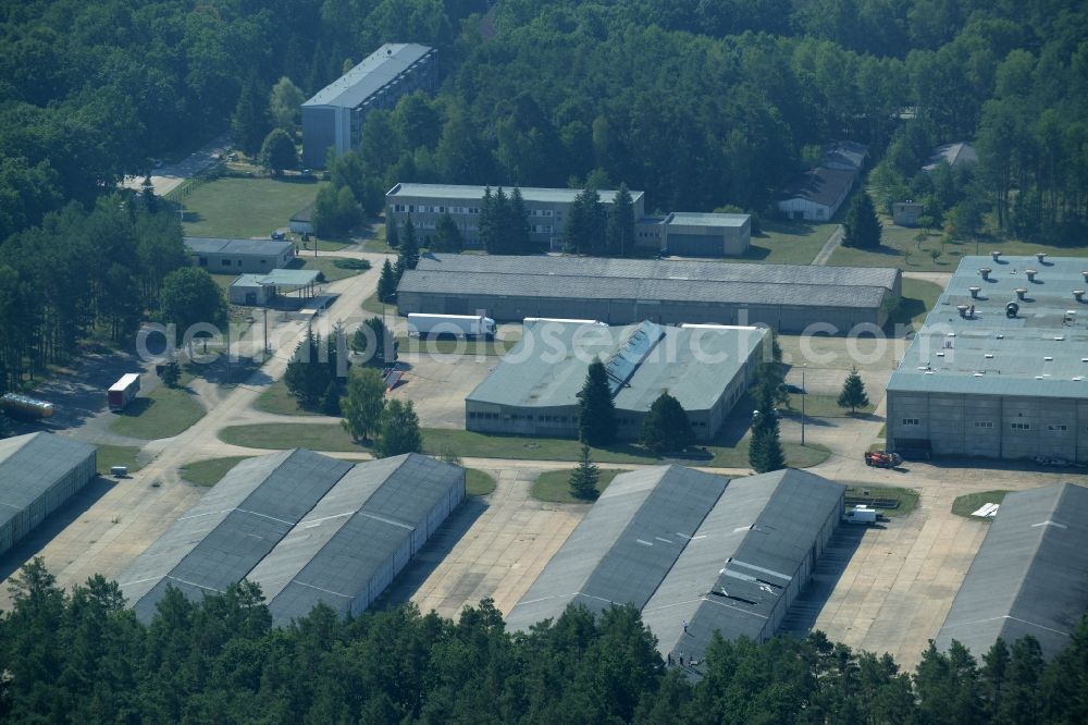 Aerial image Grünheide (Mark) - Industrial and commercial area in the Hangelsberg part of the borough of Gruenheide (Mark) in the state of Brandenburg. The site includes several large halls as well as industrial and office buildings