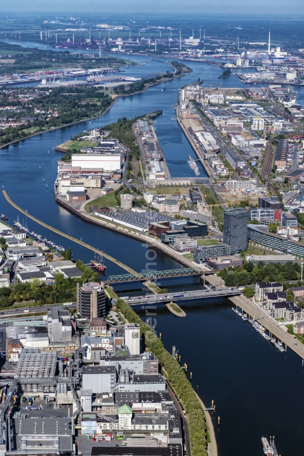 Bremen from above - Industrial and commercial area on shore of Weser in the district Hohentorshafen in Bremen, Germany