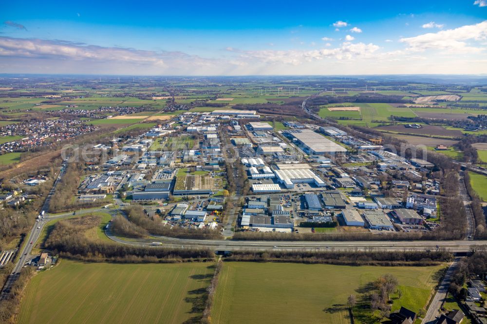 Aerial image Unna - Industrial and commercial area on Einsteinstrasse - Alfred-Nobel-Strasse in the district Industriepark Unna in Unna at Ruhrgebiet in the state North Rhine-Westphalia, Germany