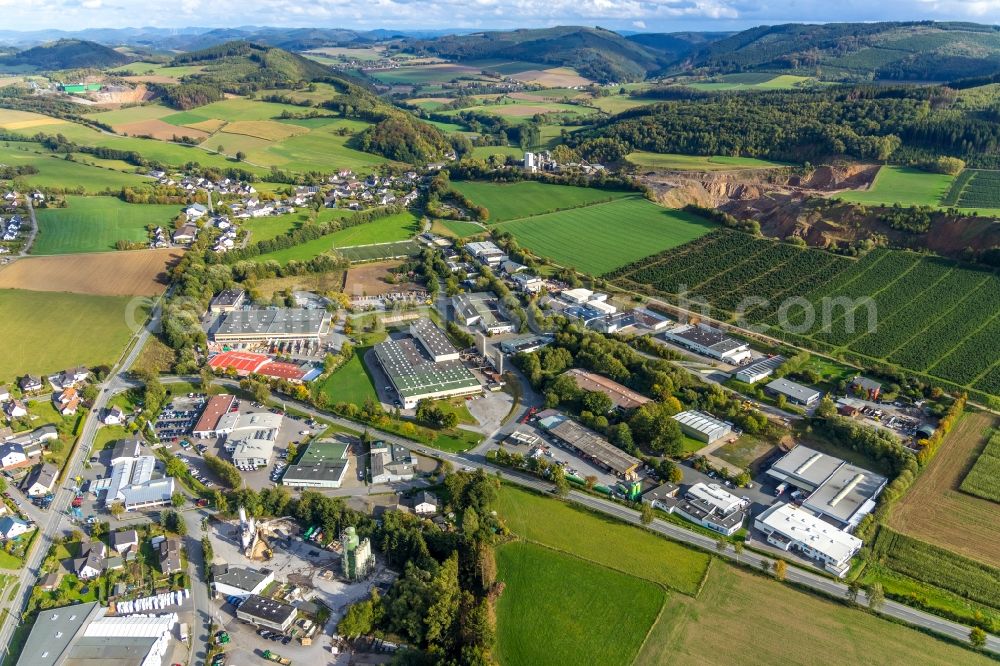 Sundern (Sauerland) from above - Industrial and commercial area on Mescheder Strasse and Kreisstrasse 6 in the district Westenfeld in Sundern (Sauerland) in the state North Rhine-Westphalia, Germany