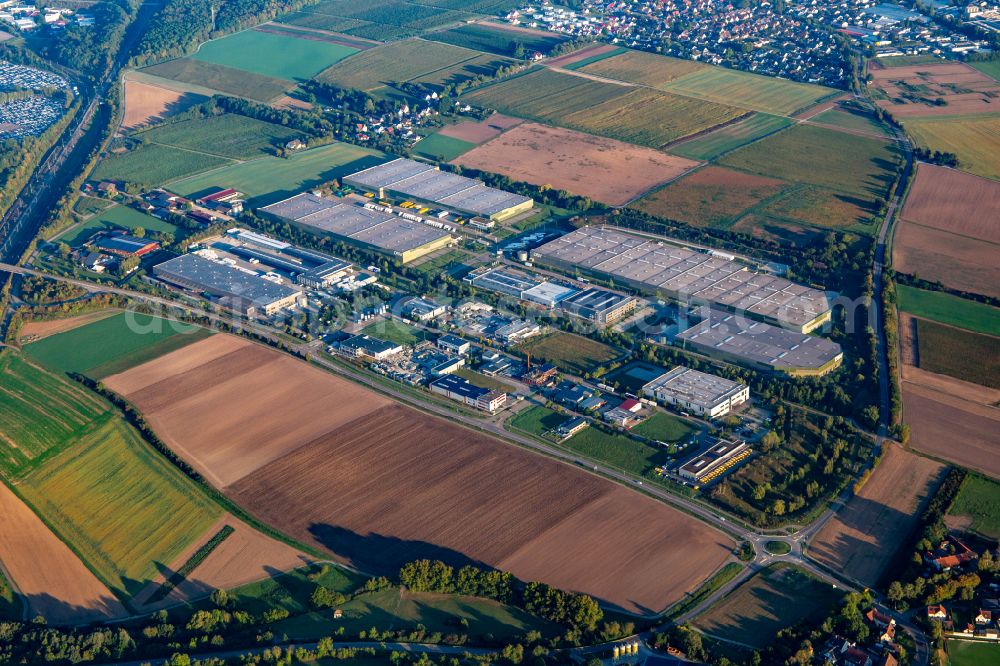 Vaihingen an der Enz from the bird's eye view: Industrial and commercial area Otto-Hahn-Strasse with Techtronic Industries (TTI) and DACHSER SE Warehouse on street Max-Eyth-Strasse in Vaihingen an der Enz in the state Baden-Wuerttemberg, Germany