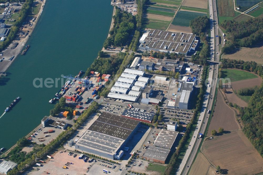 Weil am Rhein from above - Industrial and commercial area Rebgarten with with the premises of automotive manufacturer ARaymond in Weil am Rhein in the state Baden-Wurttemberg, Germany