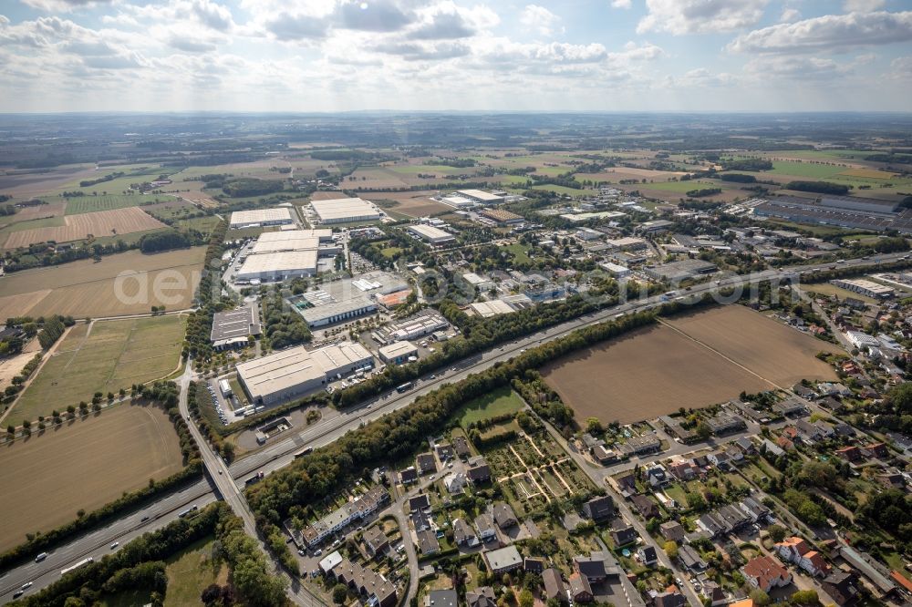 Aerial photograph Rhynern - Industrial and commercial area along the BAB A2 in Rhynern in the state North Rhine-Westphalia, Germany