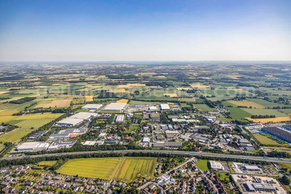 Aerial photograph Rhynern - Industrial and commercial area along the BAB A2 in Rhynern in the state North Rhine-Westphalia, Germany